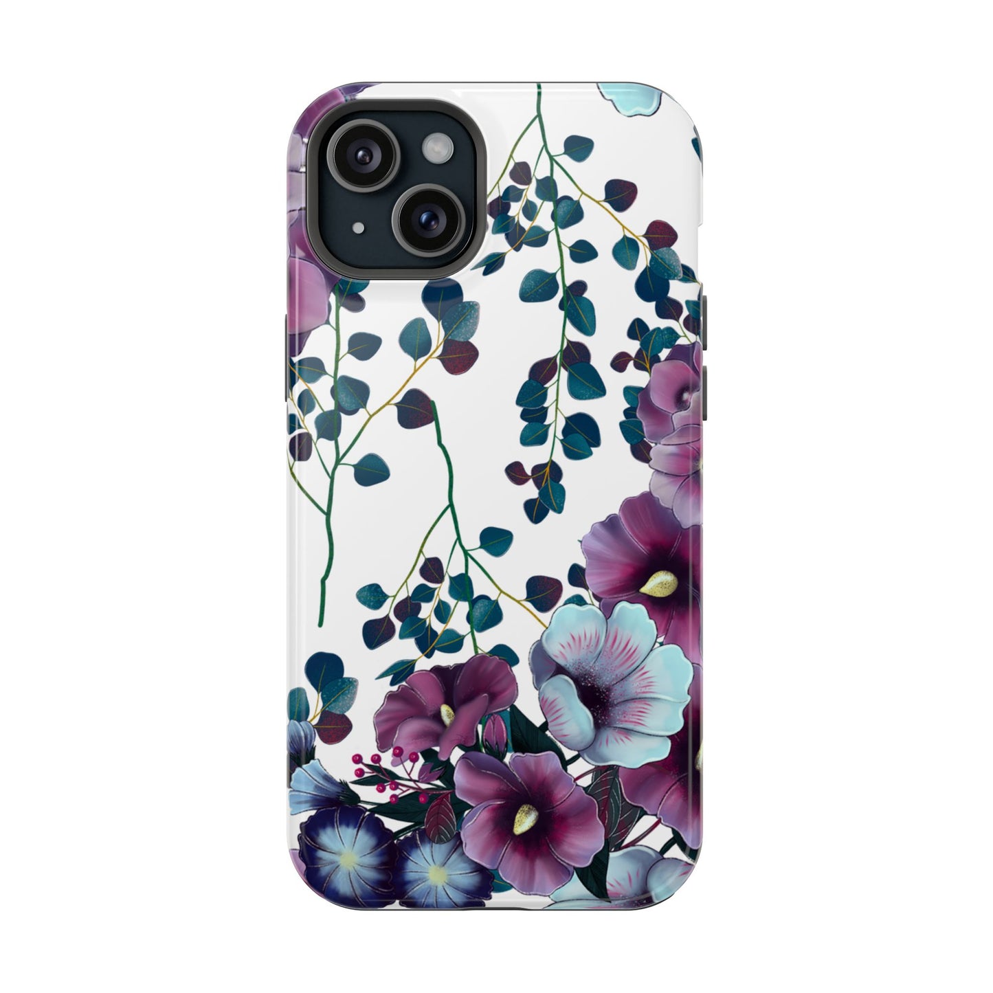 Moody Purple & Teal Floral MagSafe iPhone Series Case – Elegant Botanical Design