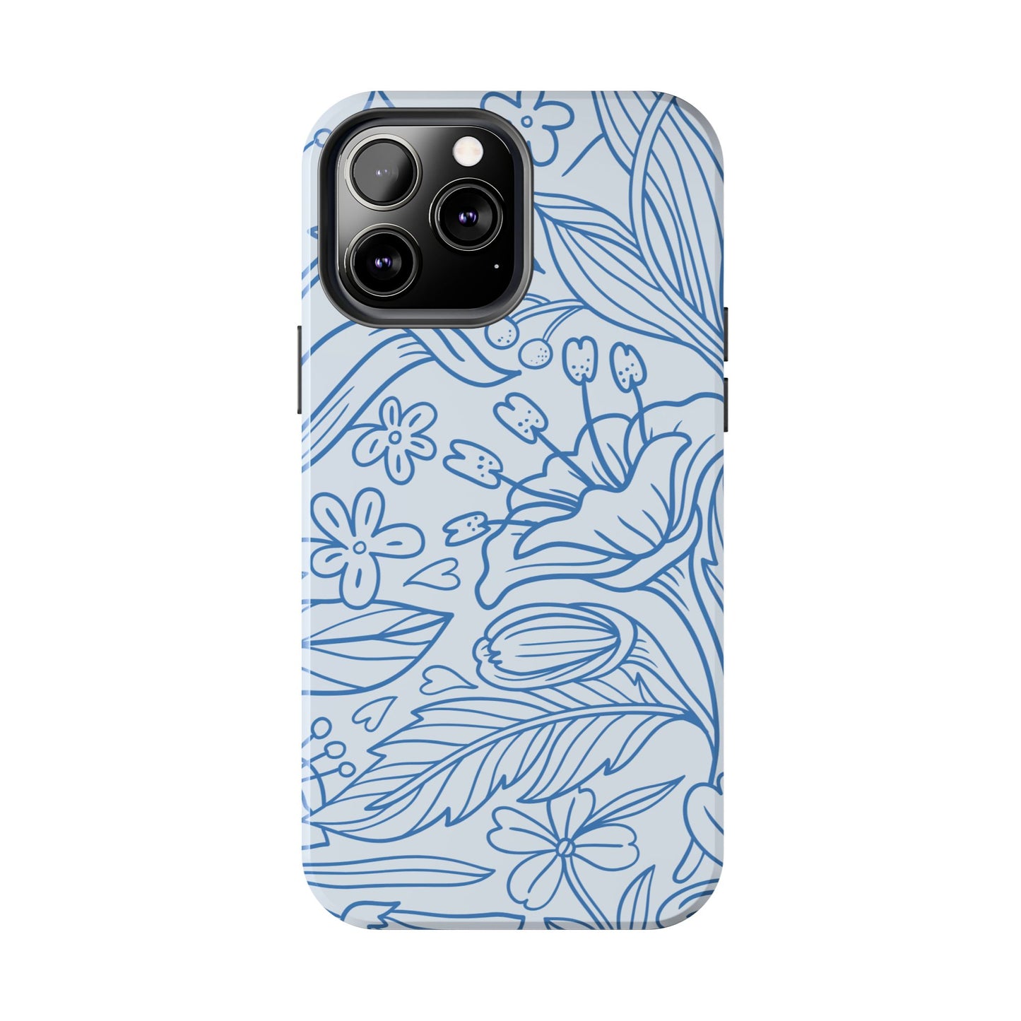 Dusty Blue Floral Line Art Tough iPhone Case – Minimalist Botanical Design with Dual-Layer Protection