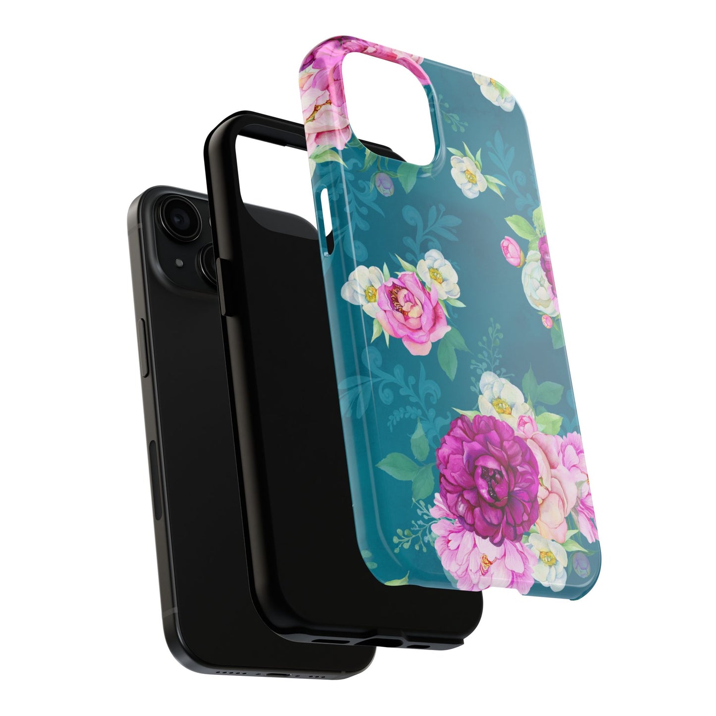 Elegant Peony Bouquet iPhone Case – Deep Teal Background with Romantic Floral Design