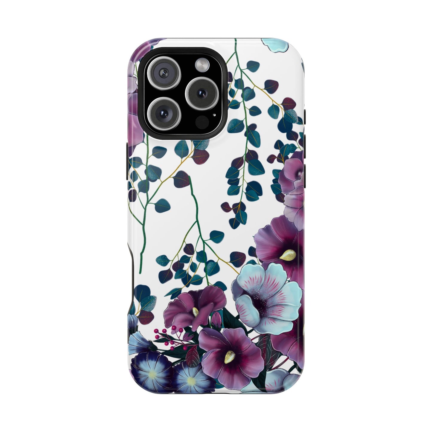 Moody Purple & Teal Floral MagSafe iPhone Series Case – Elegant Botanical Design