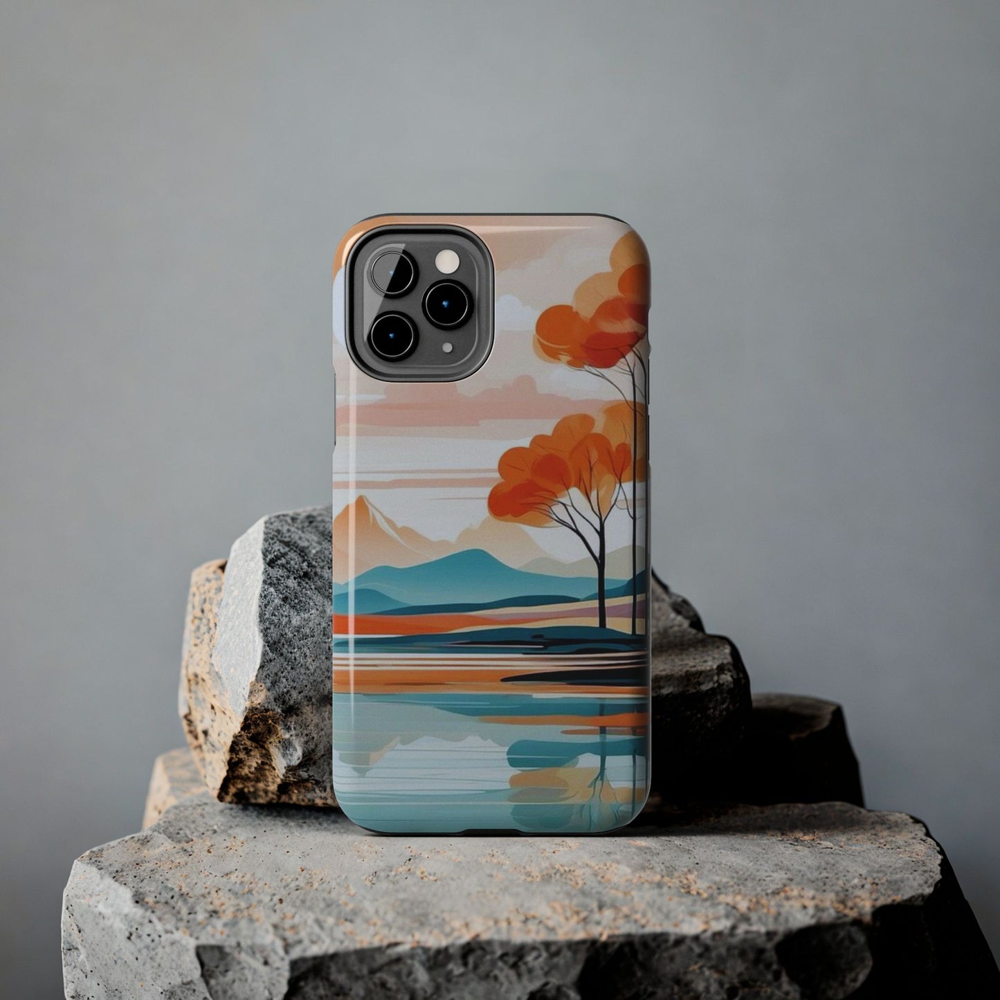 Serene Sunset Lake iPhone Case – Minimalist Landscape Art, Dual-Layer Protection