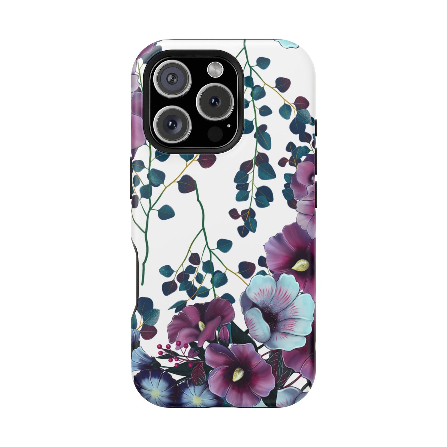Moody Purple & Teal Floral MagSafe iPhone Series Case – Elegant Botanical Design