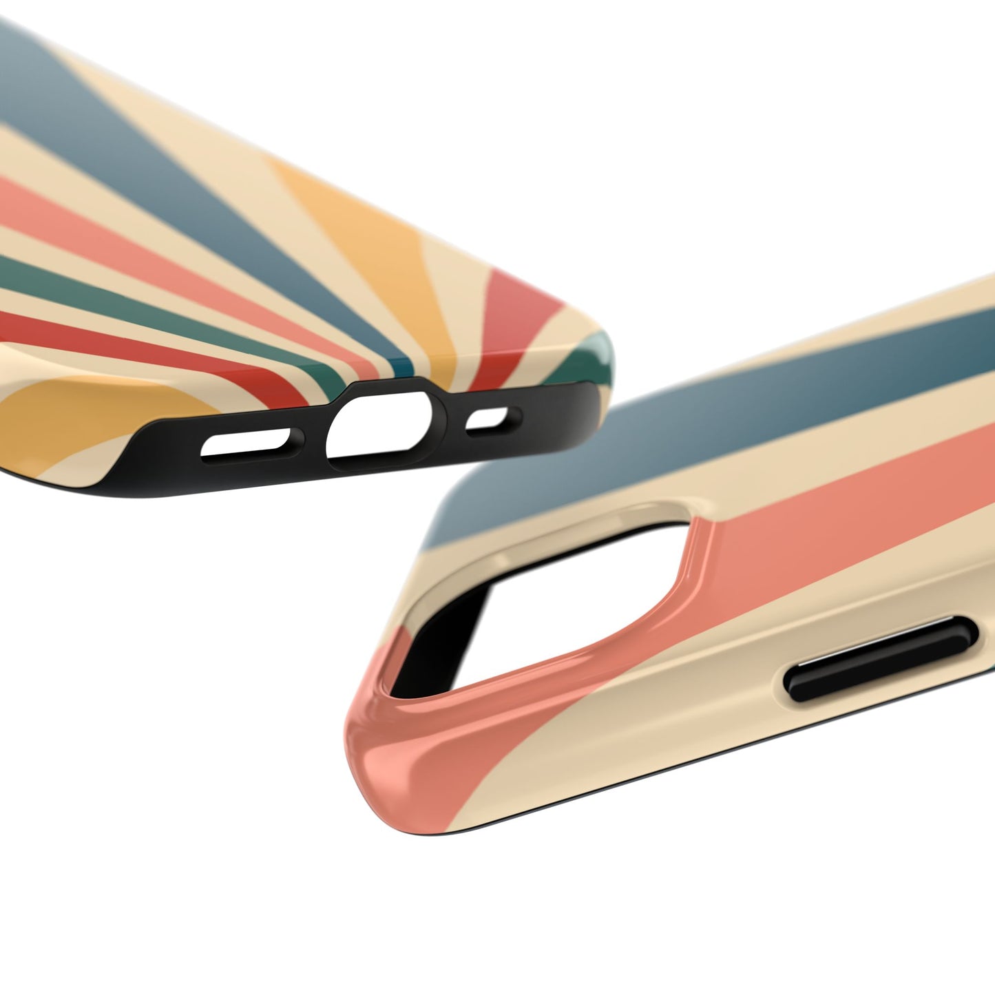 Retro Sunbeam iPhone Case – 70s-Inspired Radiating Stripes in Coral, Teal, and Mustard