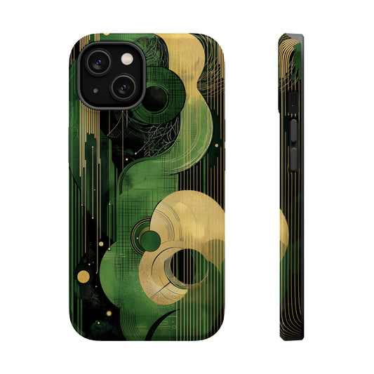 Abstract Green & Gold MagSafe iPhone Case - Geometric Art Deco Protective Cover