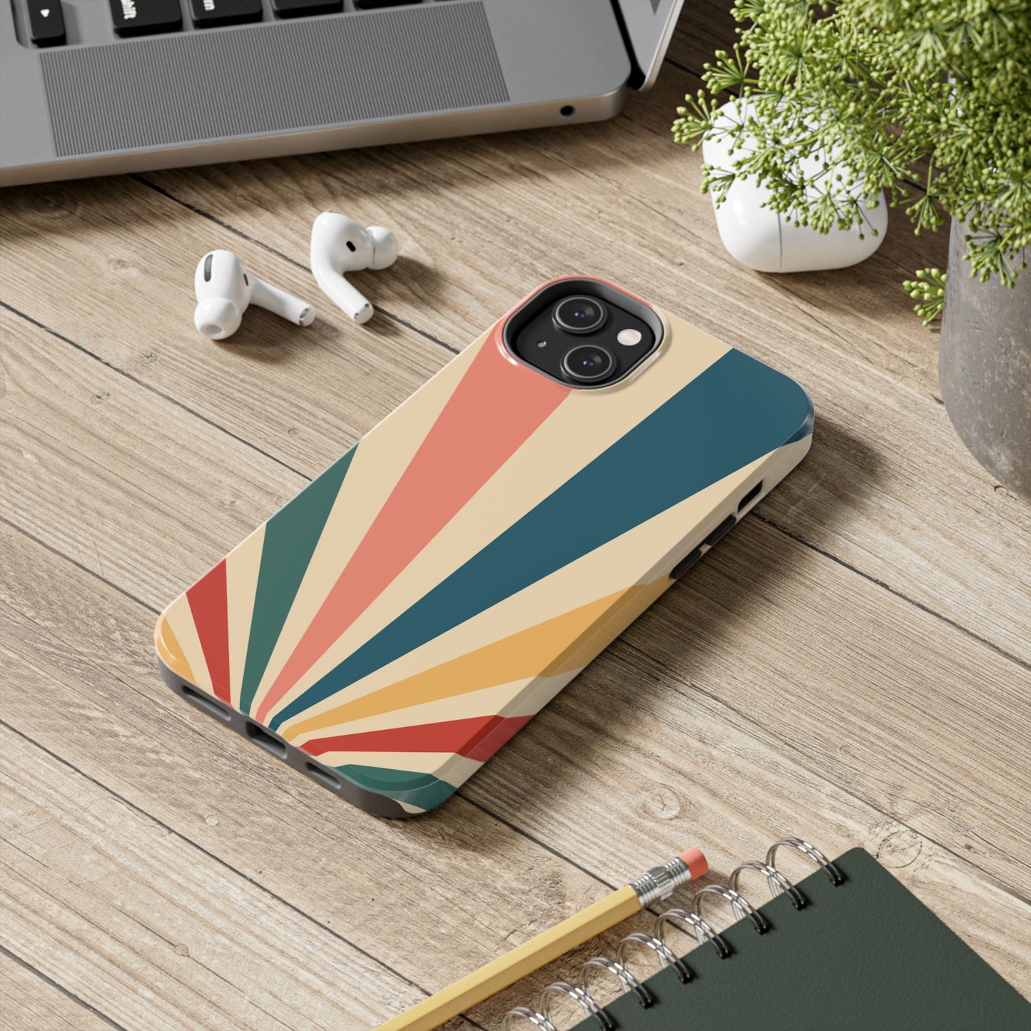 Retro Sunbeam iPhone Case – 70s-Inspired Radiating Stripes in Coral, Teal, and Mustard