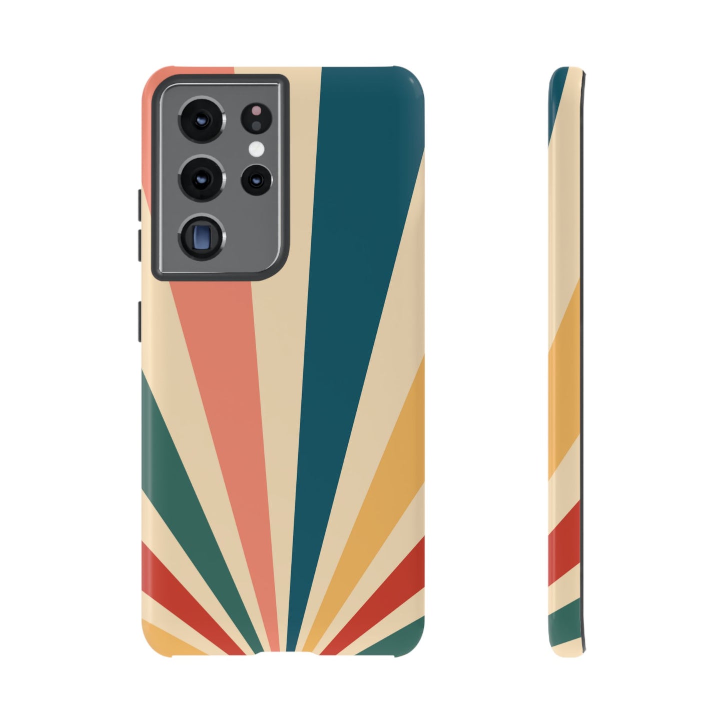 Retro Sunbeam Samsung Galaxy Case – 70s-Inspired Radiating Stripes in Coral, Teal, and Mustard