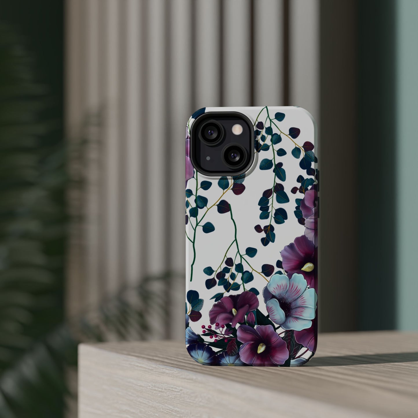 Moody Purple & Teal Floral MagSafe iPhone Series Case – Elegant Botanical Design