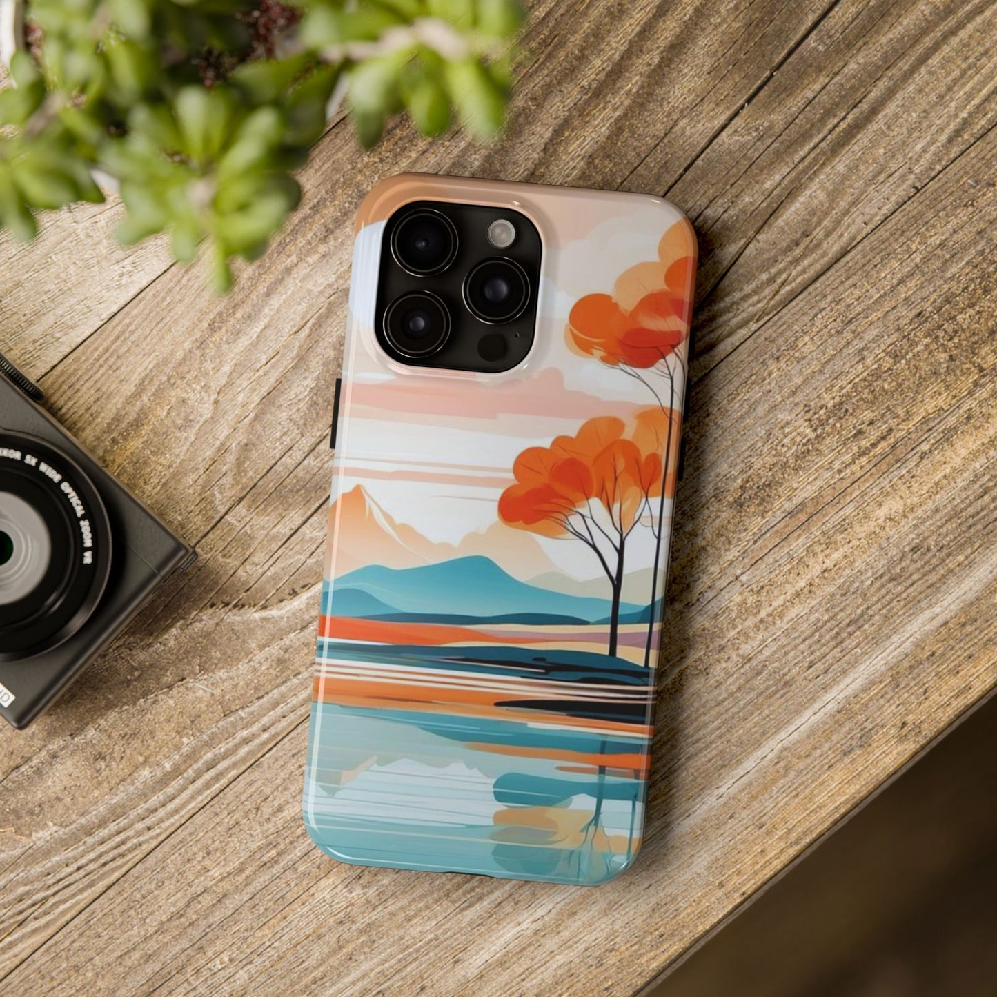 Serene Sunset Lake iPhone Case – Minimalist Landscape Art, Dual-Layer Protection