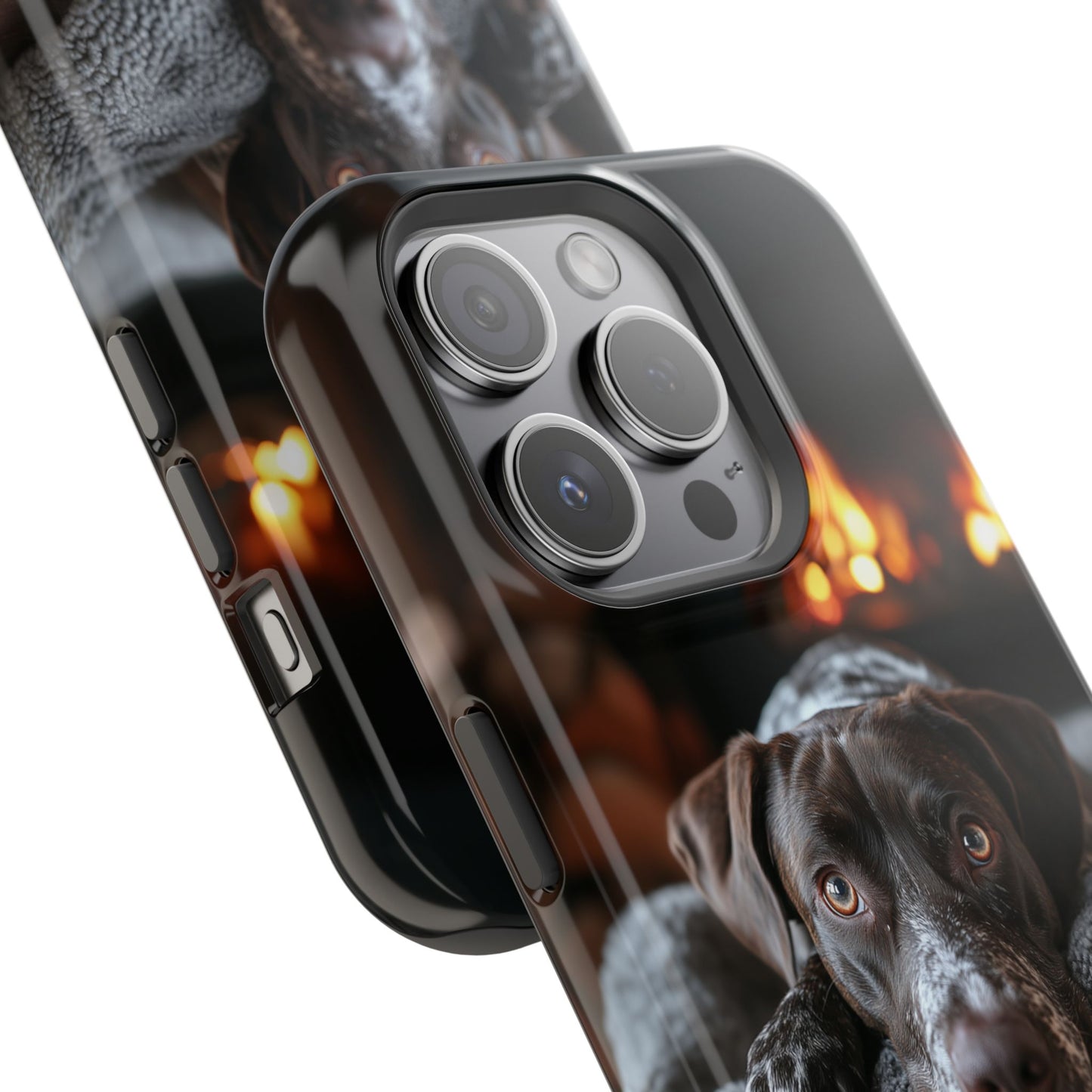 Cozy German Shorthaired Pointer MagSafe iPhone Case – Rustic Fireplace Protective Cover