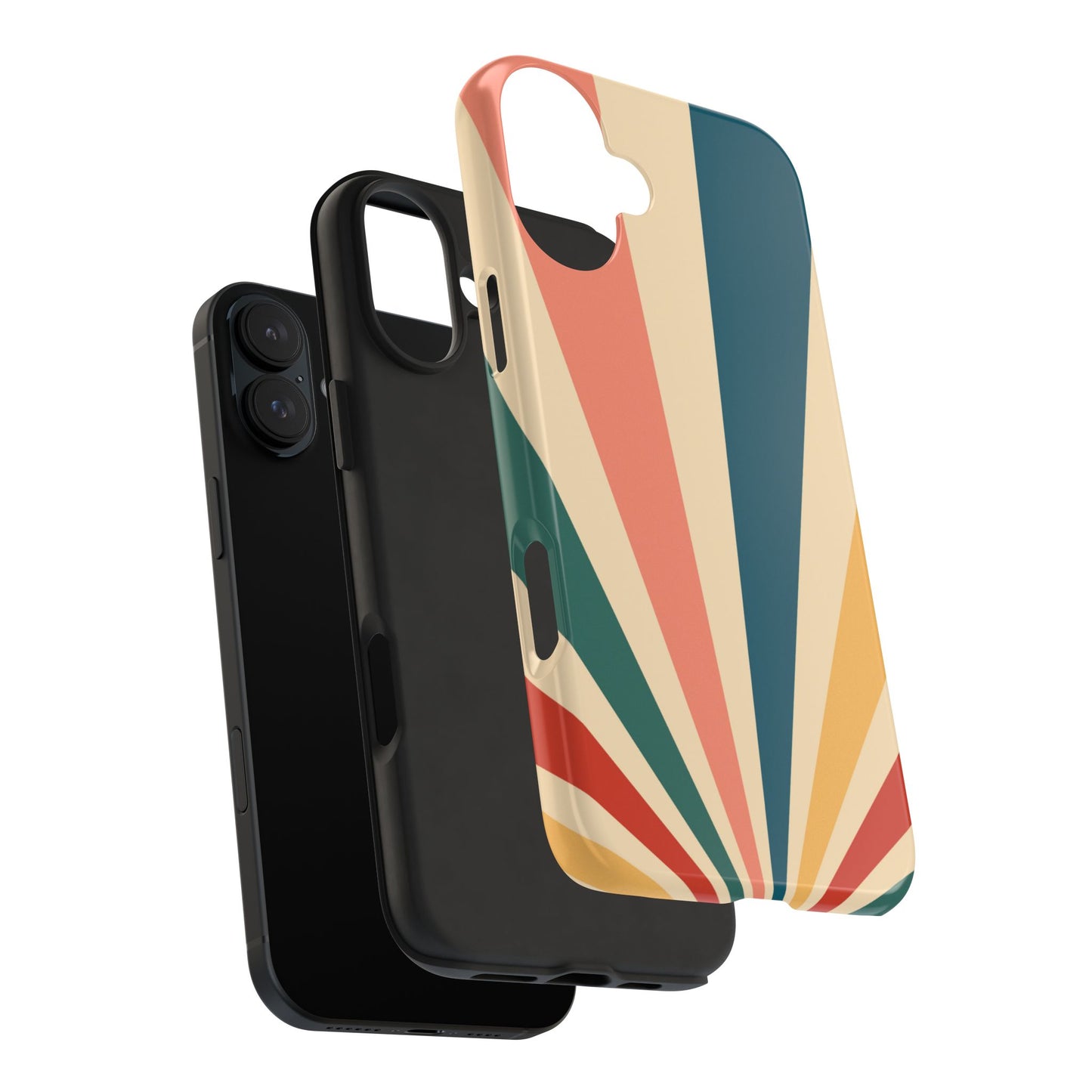 Retro Sunbeam iPhone Case – 70s-Inspired Radiating Stripes in Coral, Teal, and Mustard