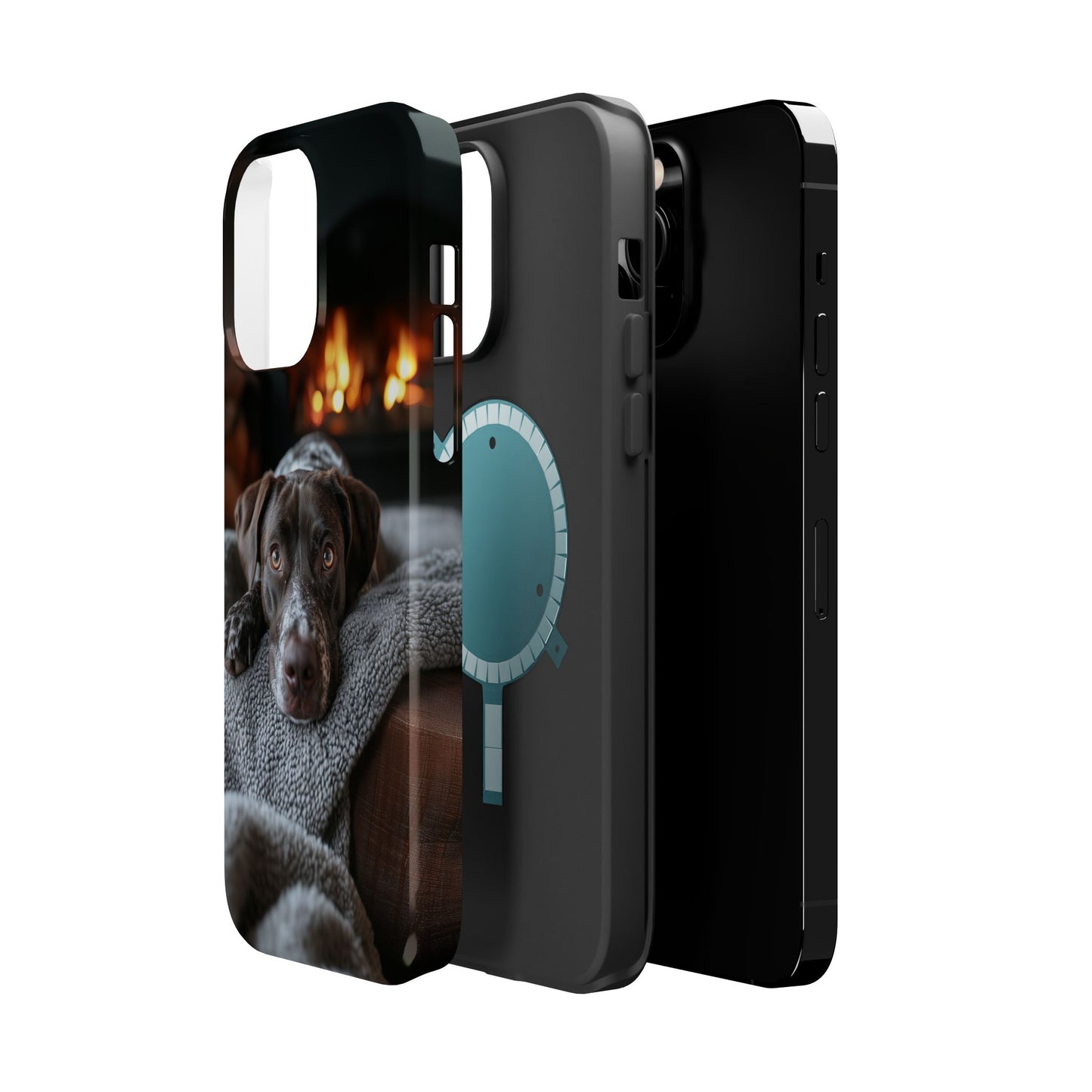 Cozy German Shorthaired Pointer MagSafe iPhone Case – Rustic Fireplace Protective Cover