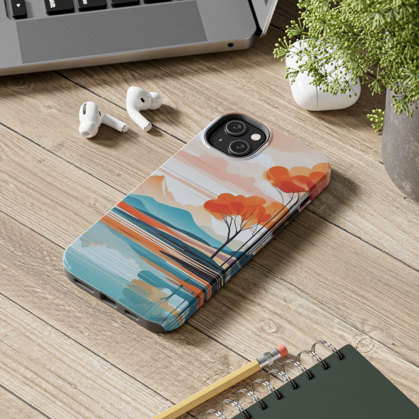 Serene Sunset Lake iPhone Case – Minimalist Landscape Art, Dual-Layer Protection