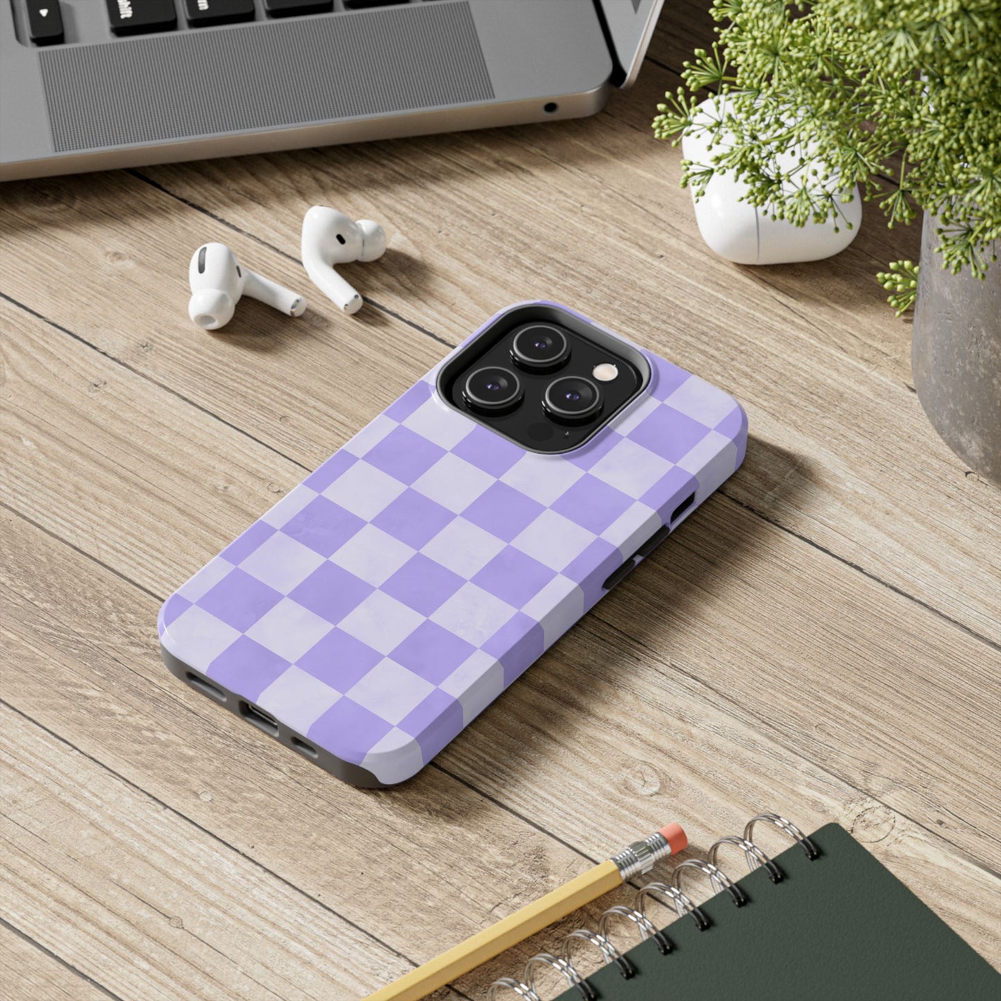 Lavender Checkerboard iPhone Case – Shockproof, Smooth Matte Finish, Dual-Layer Design