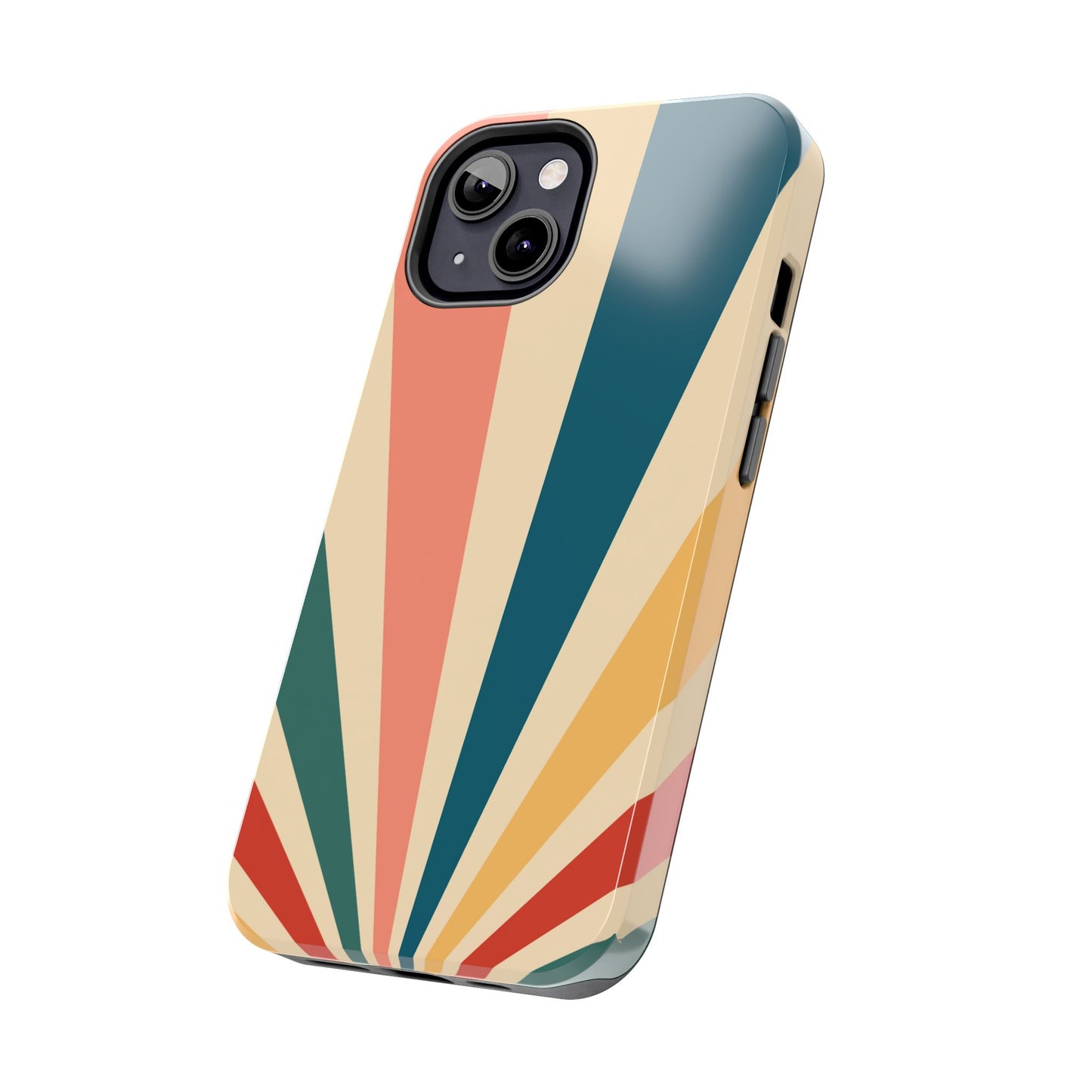 Retro Sunbeam iPhone Case – 70s-Inspired Radiating Stripes in Coral, Teal, and Mustard