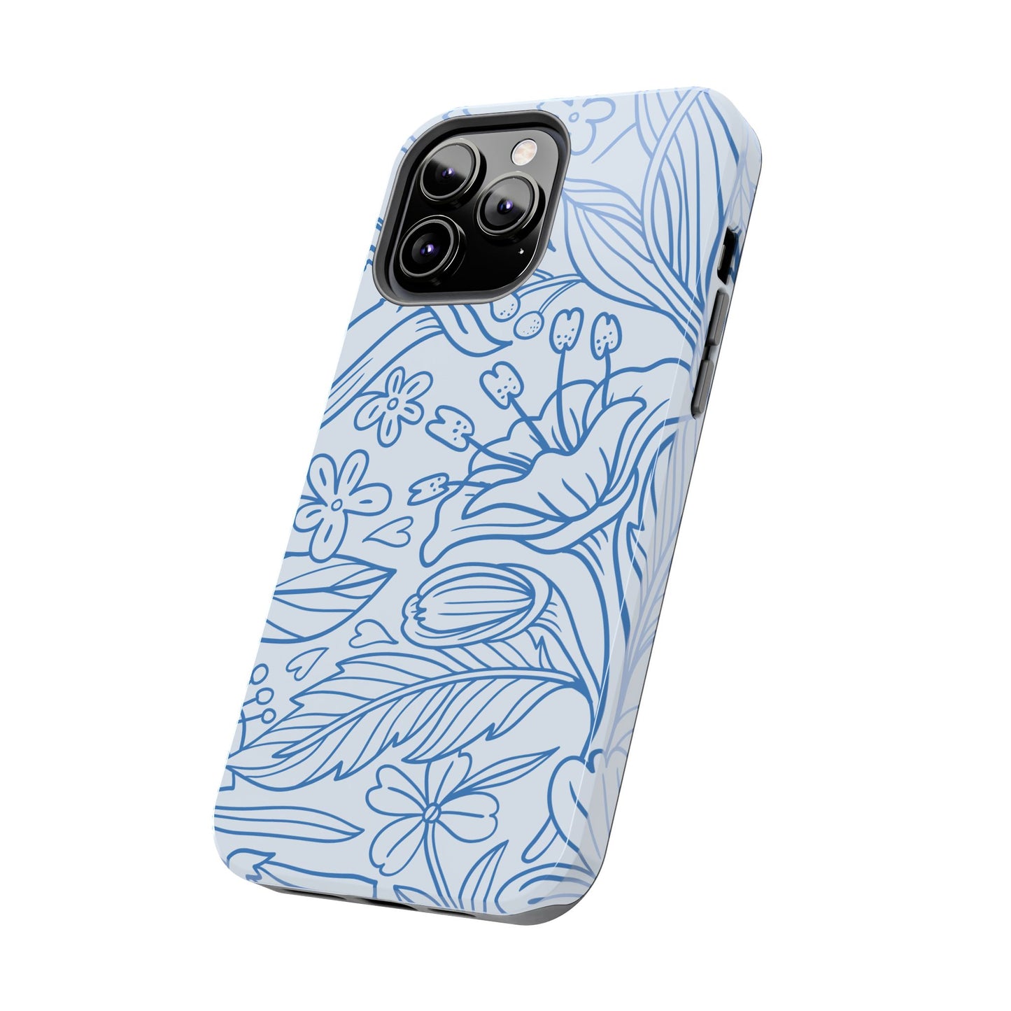 Dusty Blue Floral Line Art Tough iPhone Case – Minimalist Botanical Design with Dual-Layer Protection