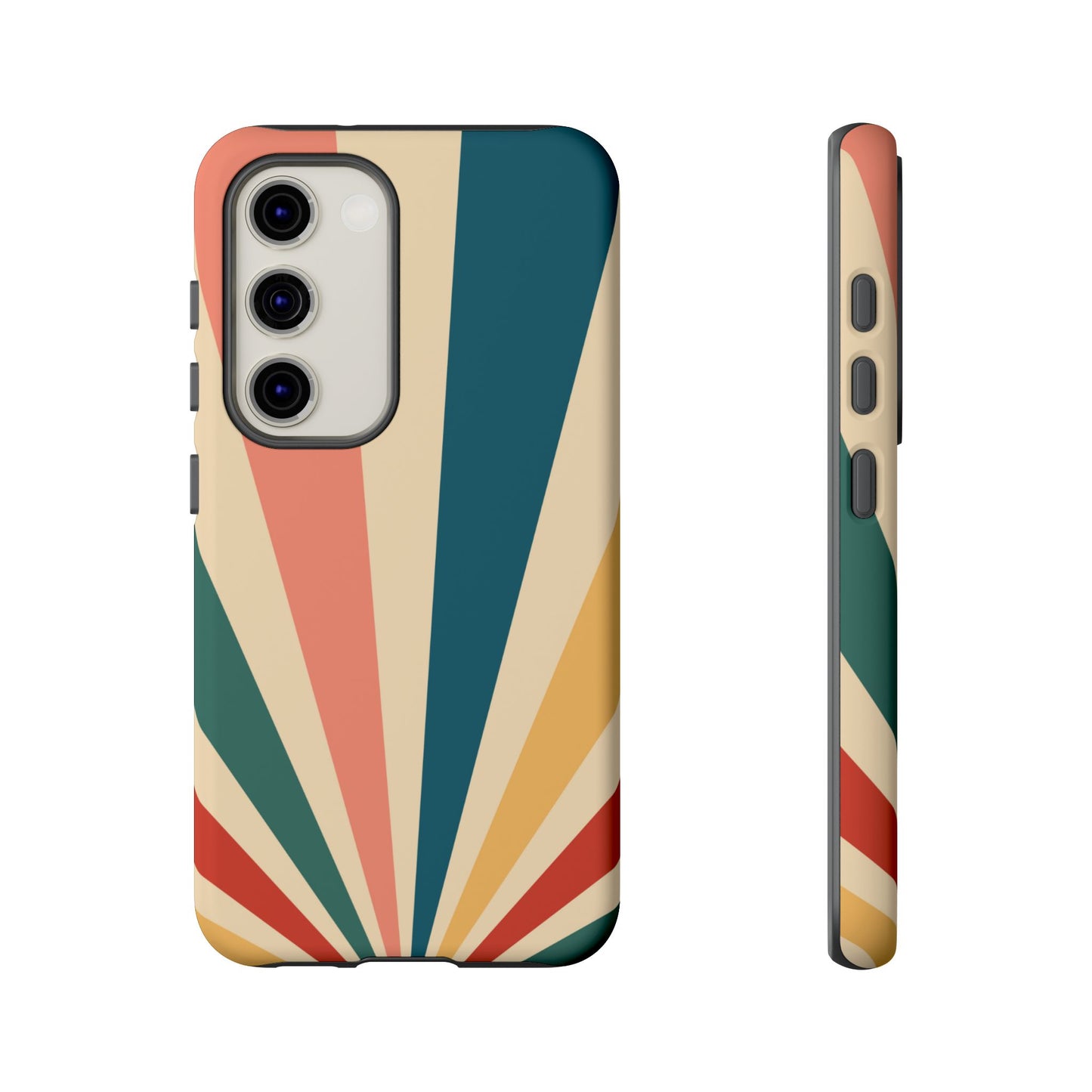 Retro Sunbeam Samsung Galaxy Case – 70s-Inspired Radiating Stripes in Coral, Teal, and Mustard