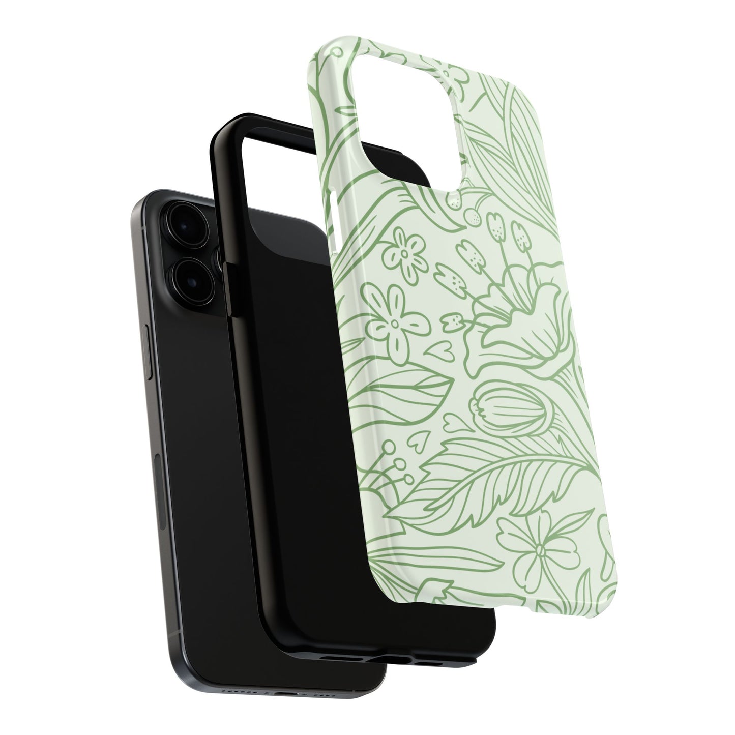 Sage Green Floral Line Art Tough iPhone Case – Minimalist Botanical Design with Dual-Layer Protection