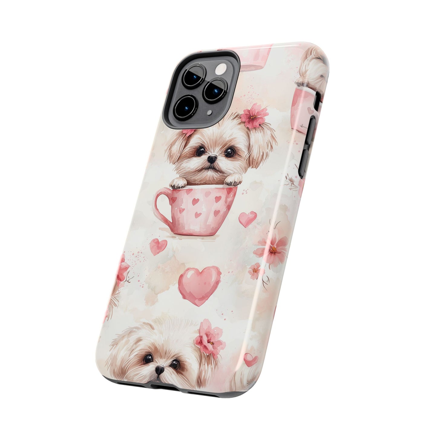 Floral Puppy in Teacup iPhone Case – Cute Pink Flower Design, Tough Dual - Layer Protection - BOGO Cases