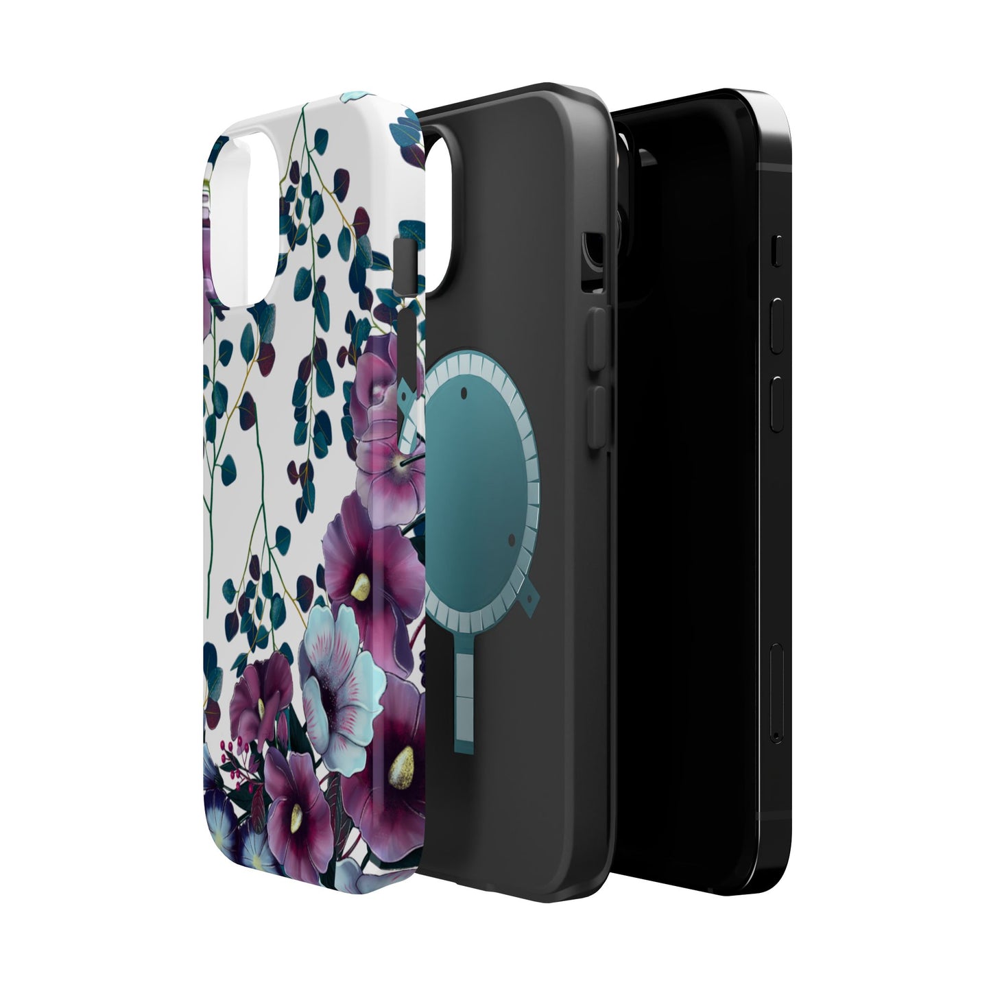 Moody Purple & Teal Floral MagSafe iPhone Series Case – Elegant Botanical Design