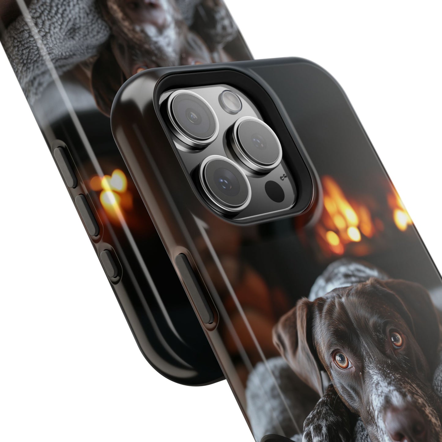 Cozy German Shorthaired Pointer MagSafe iPhone Case – Rustic Fireplace Protective Cover