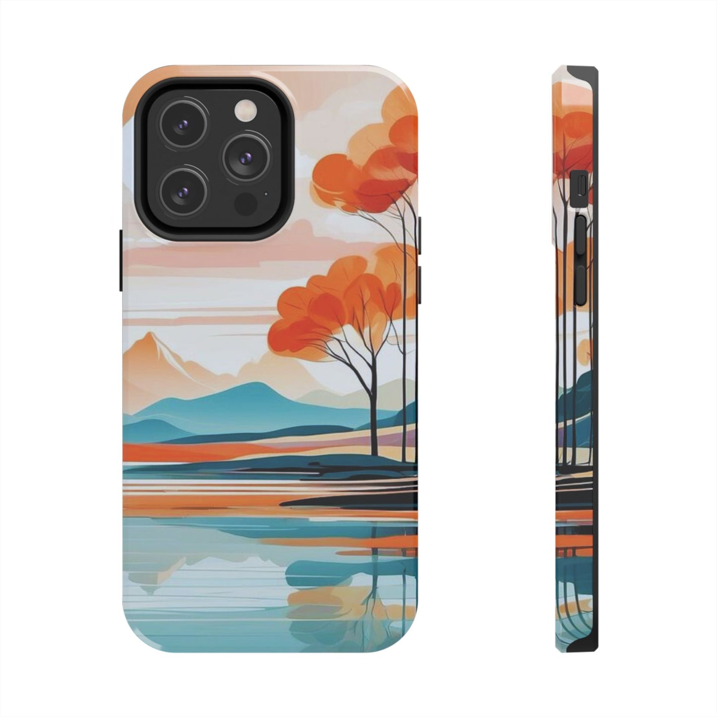 Serene Sunset Lake iPhone Case – Minimalist Landscape Art, Dual-Layer Protection