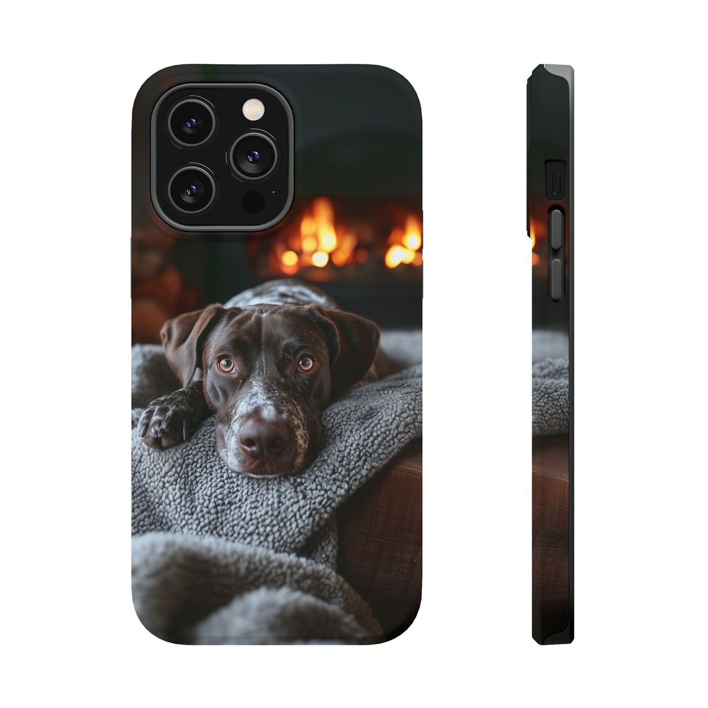 Cozy German Shorthaired Pointer MagSafe iPhone Case – Rustic Fireplace Protective Cover