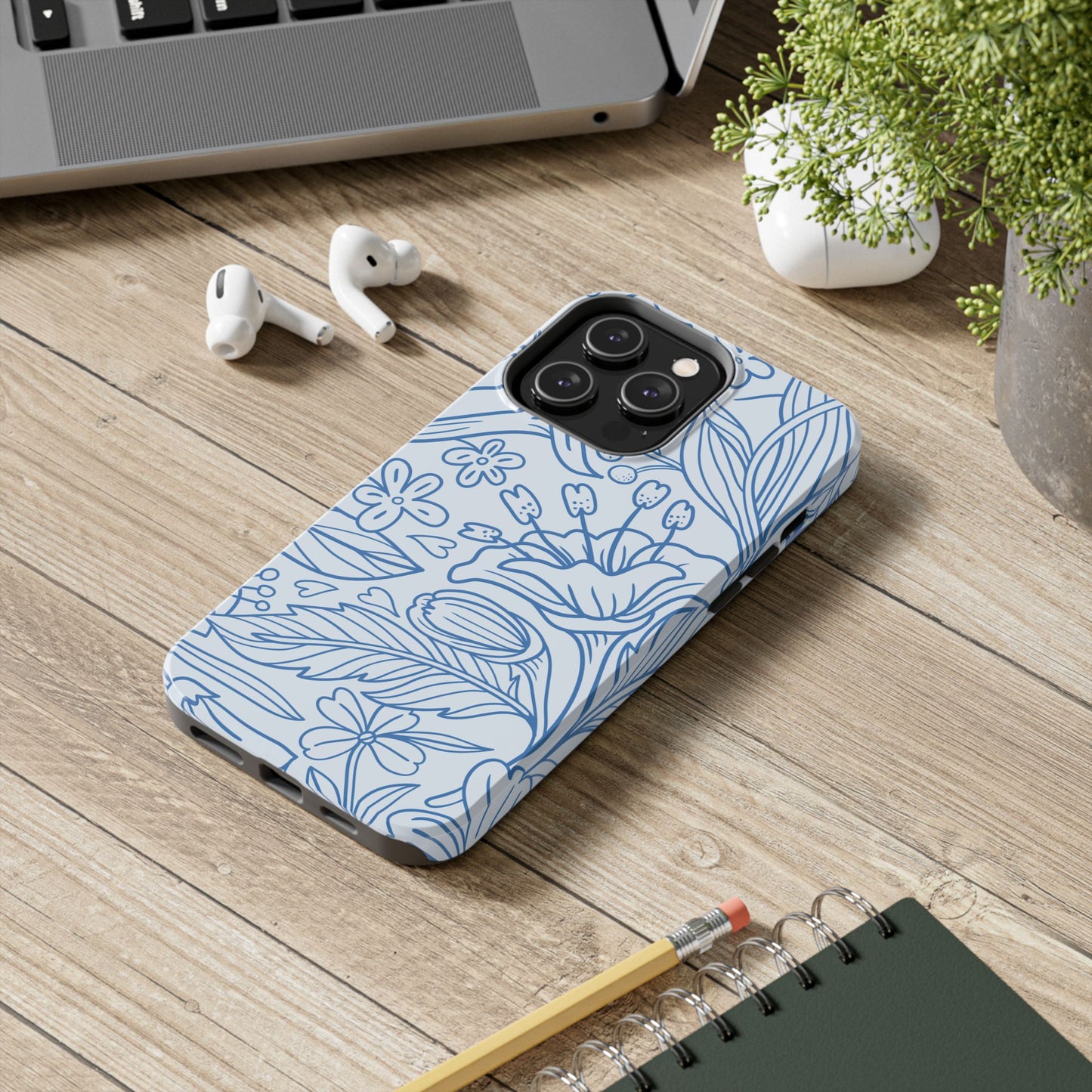 Dusty Blue Floral Line Art Tough iPhone Case – Minimalist Botanical Design with Dual-Layer Protection