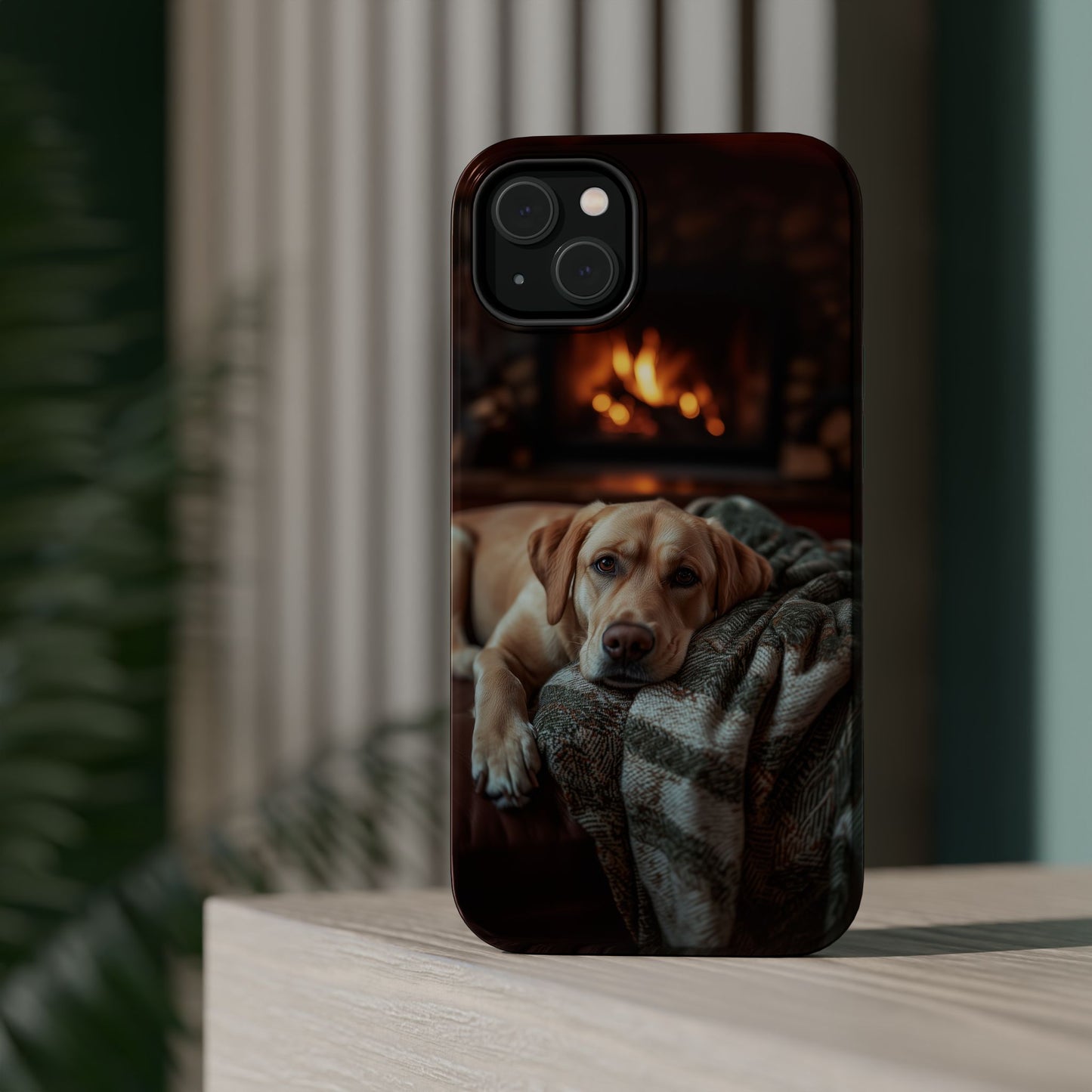 Cozy Labrador by Fireplace MagSafe iPhone Case – Rustic Cabin Protective Cover