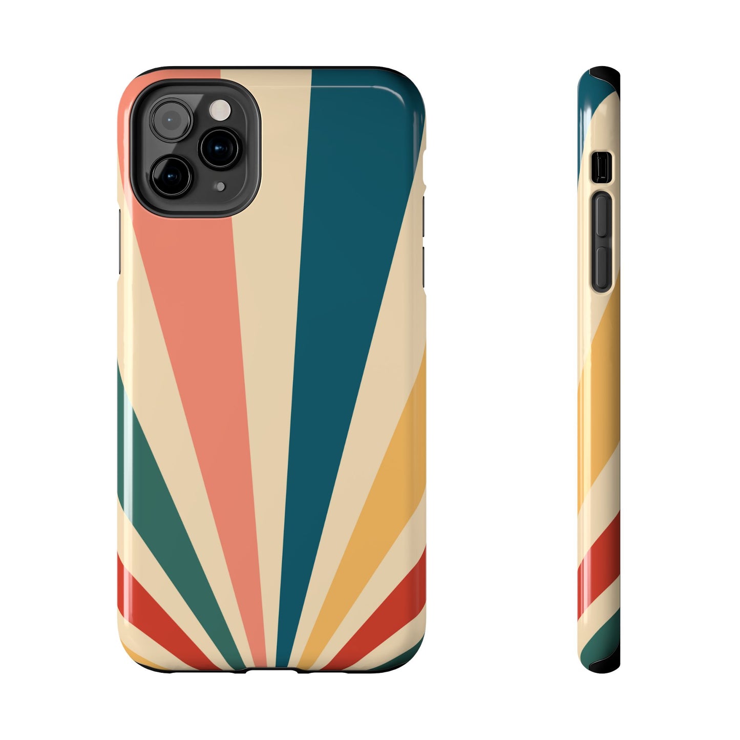 Retro Sunbeam iPhone Case – 70s-Inspired Radiating Stripes in Coral, Teal, and Mustard