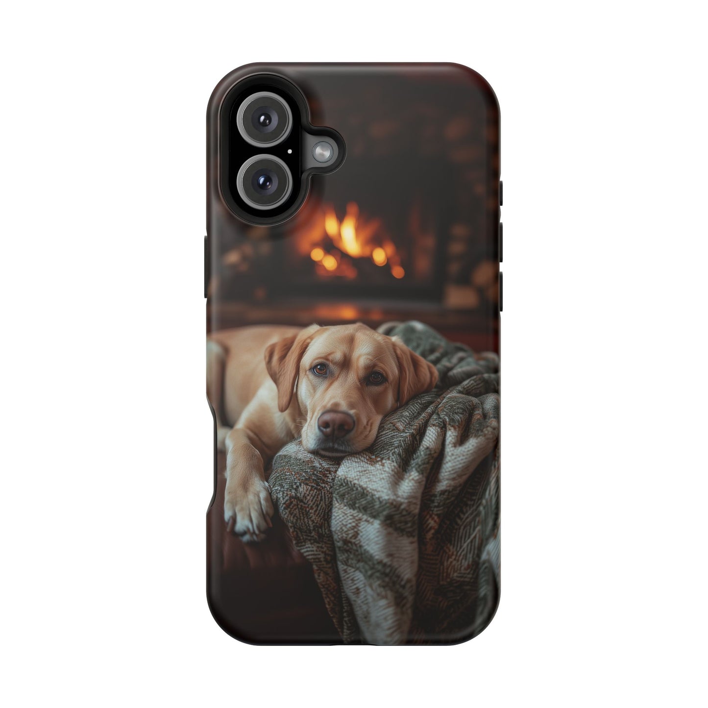 Cozy Labrador by Fireplace MagSafe iPhone Case – Rustic Cabin Protective Cover