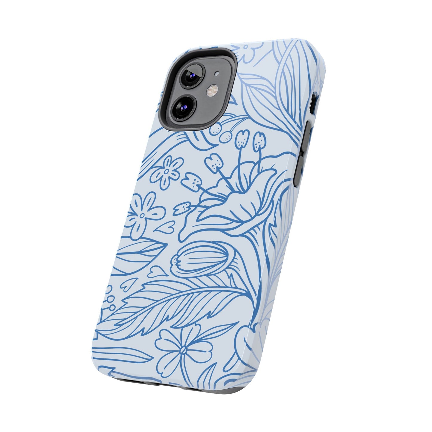 Dusty Blue Floral Line Art Tough iPhone Case – Minimalist Botanical Design with Dual-Layer Protection