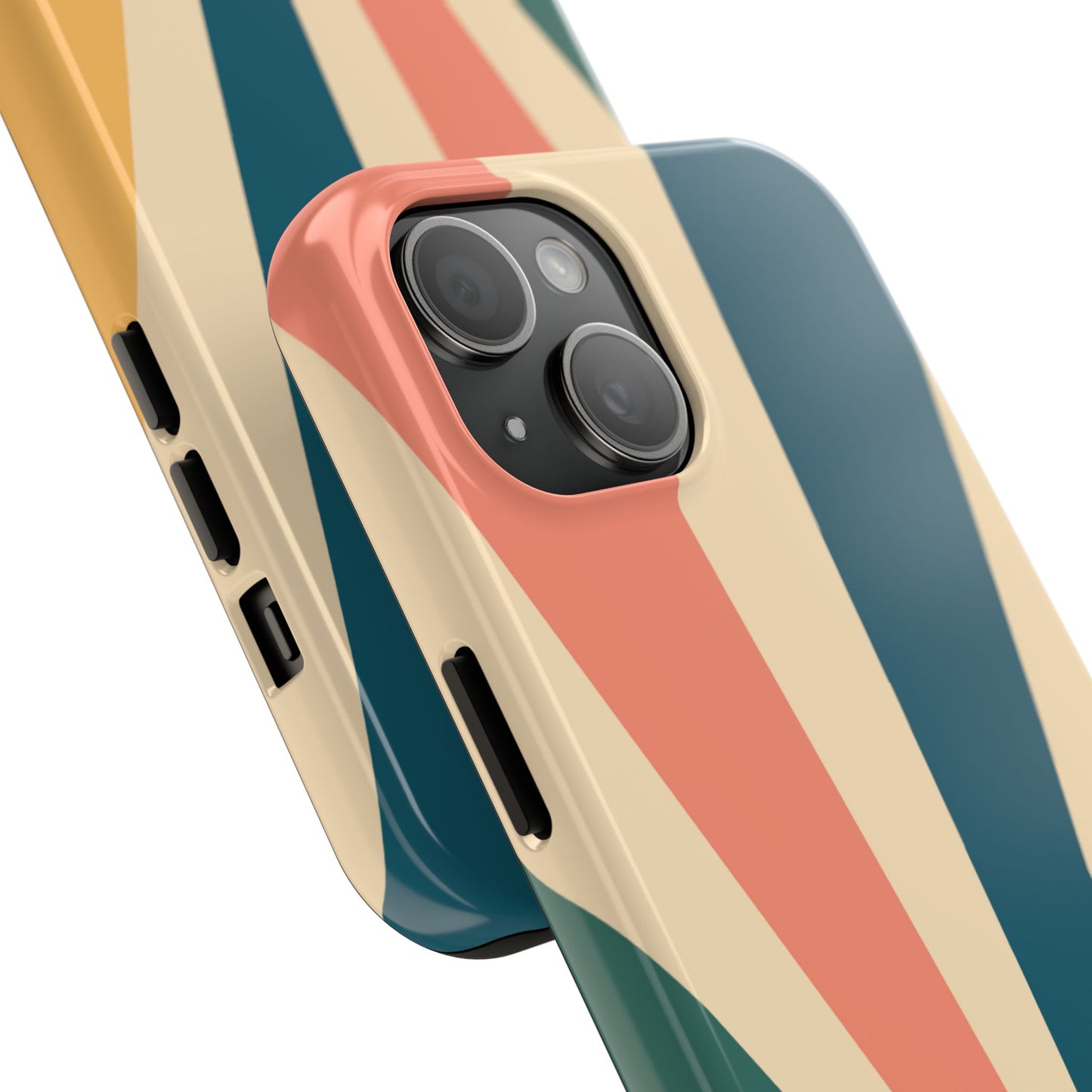 Retro Sunbeam iPhone Case – 70s-Inspired Radiating Stripes in Coral, Teal, and Mustard