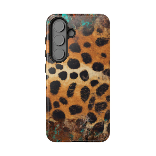 Rustic Leopard Print Tough Samsung Galaxy Case – Distressed Turquoise and Animal Pattern with Dual-Layer Protection