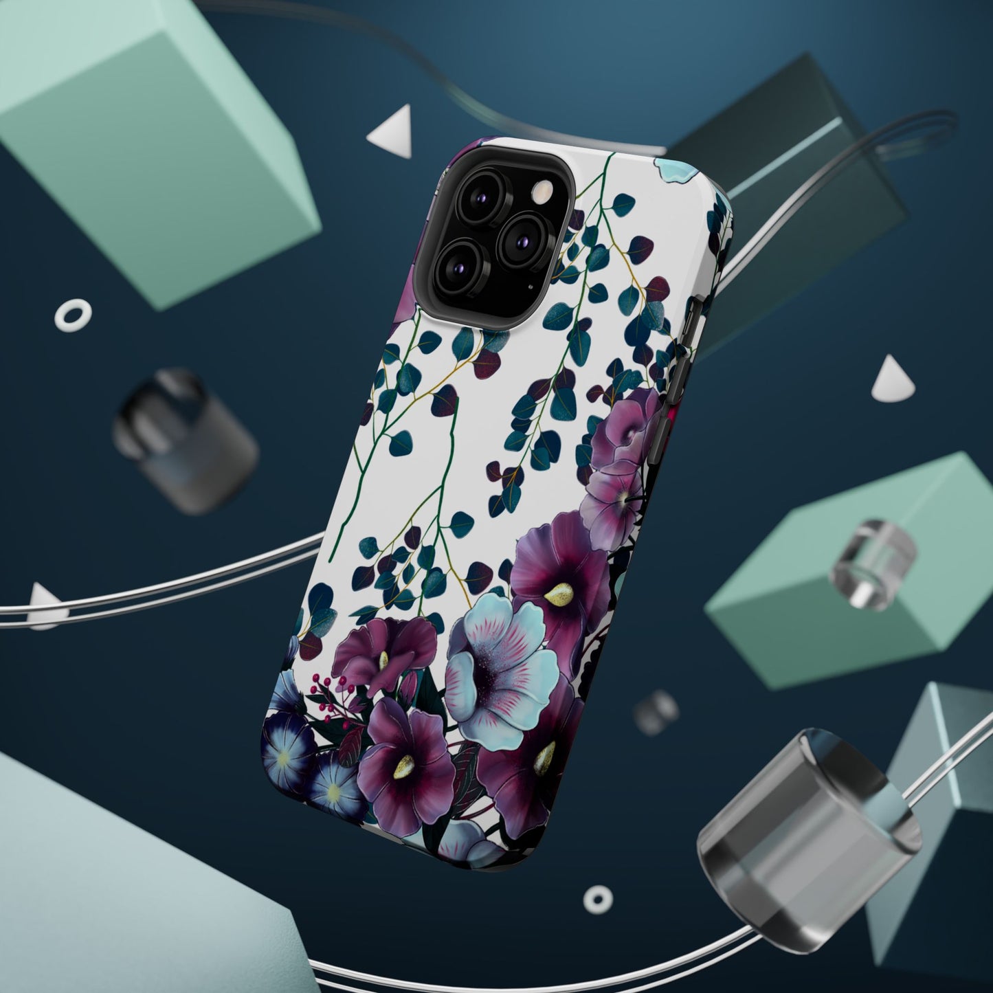 Moody Purple & Teal Floral MagSafe iPhone Series Case – Elegant Botanical Design