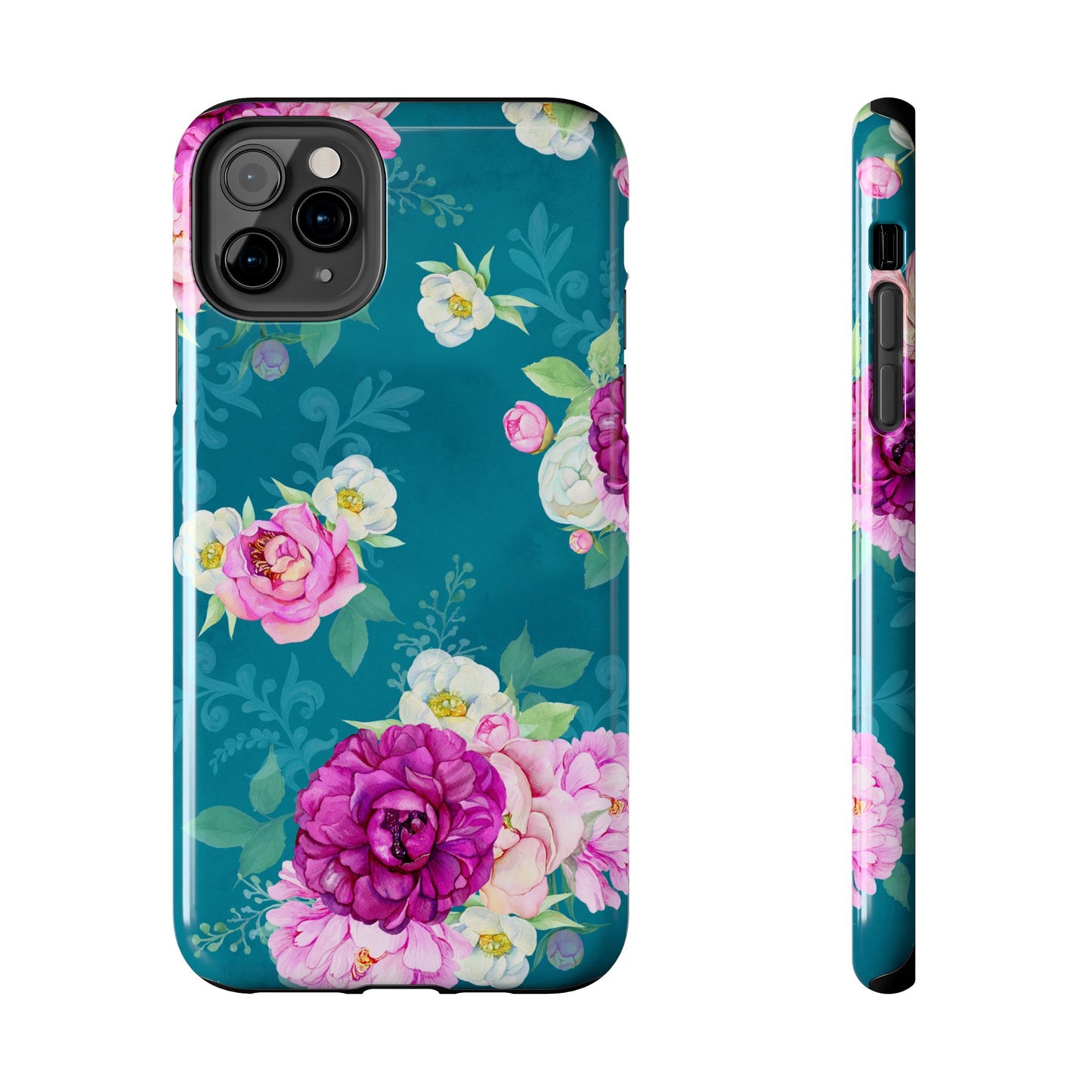 Elegant Peony Bouquet iPhone Case – Deep Teal Background with Romantic Floral Design