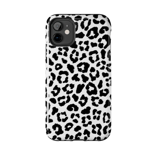 Monochrome Leopard Print Tough iPhone Case – Classic Black and White Design with Dual-Layer Protection