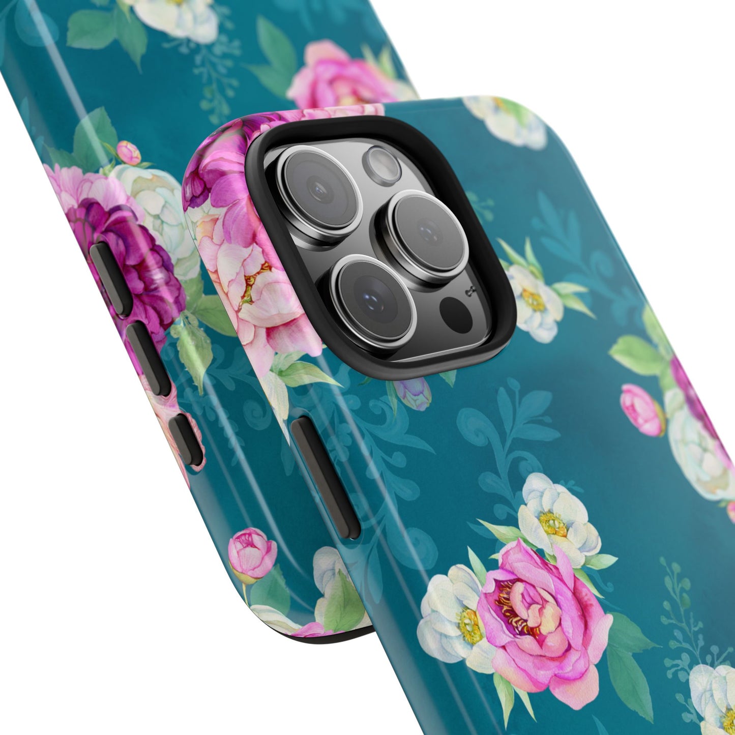 Elegant Peony Bouquet iPhone Case – Deep Teal Background with Romantic Floral Design