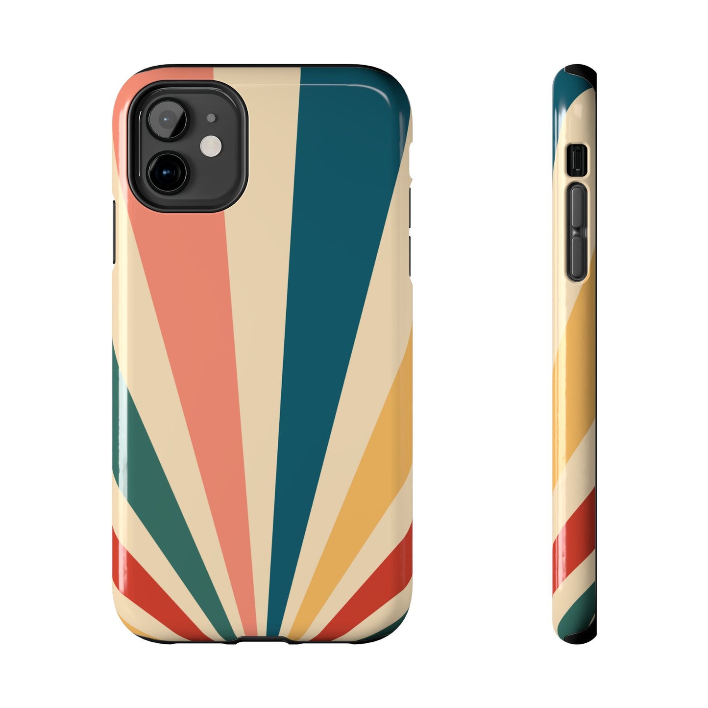 Retro Sunbeam iPhone Case – 70s-Inspired Radiating Stripes in Coral, Teal, and Mustard