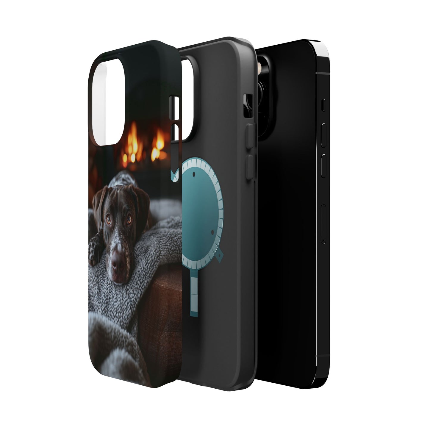 Cozy German Shorthaired Pointer MagSafe iPhone Case – Rustic Fireplace Protective Cover