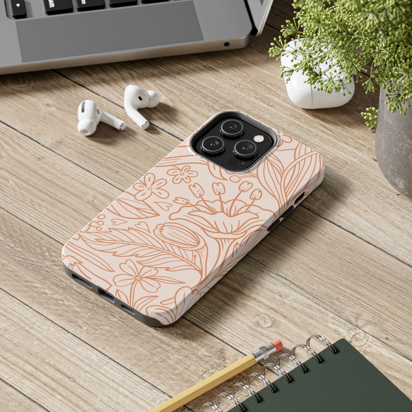 Soft Terracotta Floral Line Art Tough iPhone Case – Minimalist Botanical Design with Dual-Layer Protection