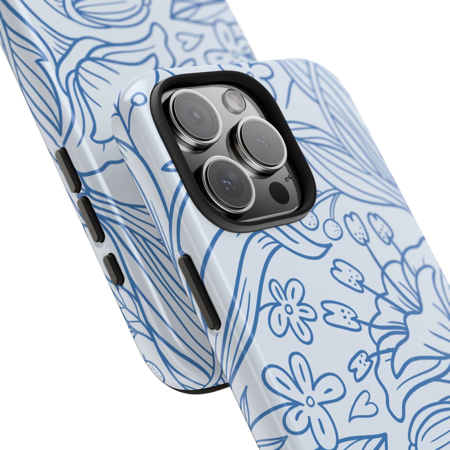Dusty Blue Floral Line Art Tough iPhone Case – Minimalist Botanical Design with Dual-Layer Protection