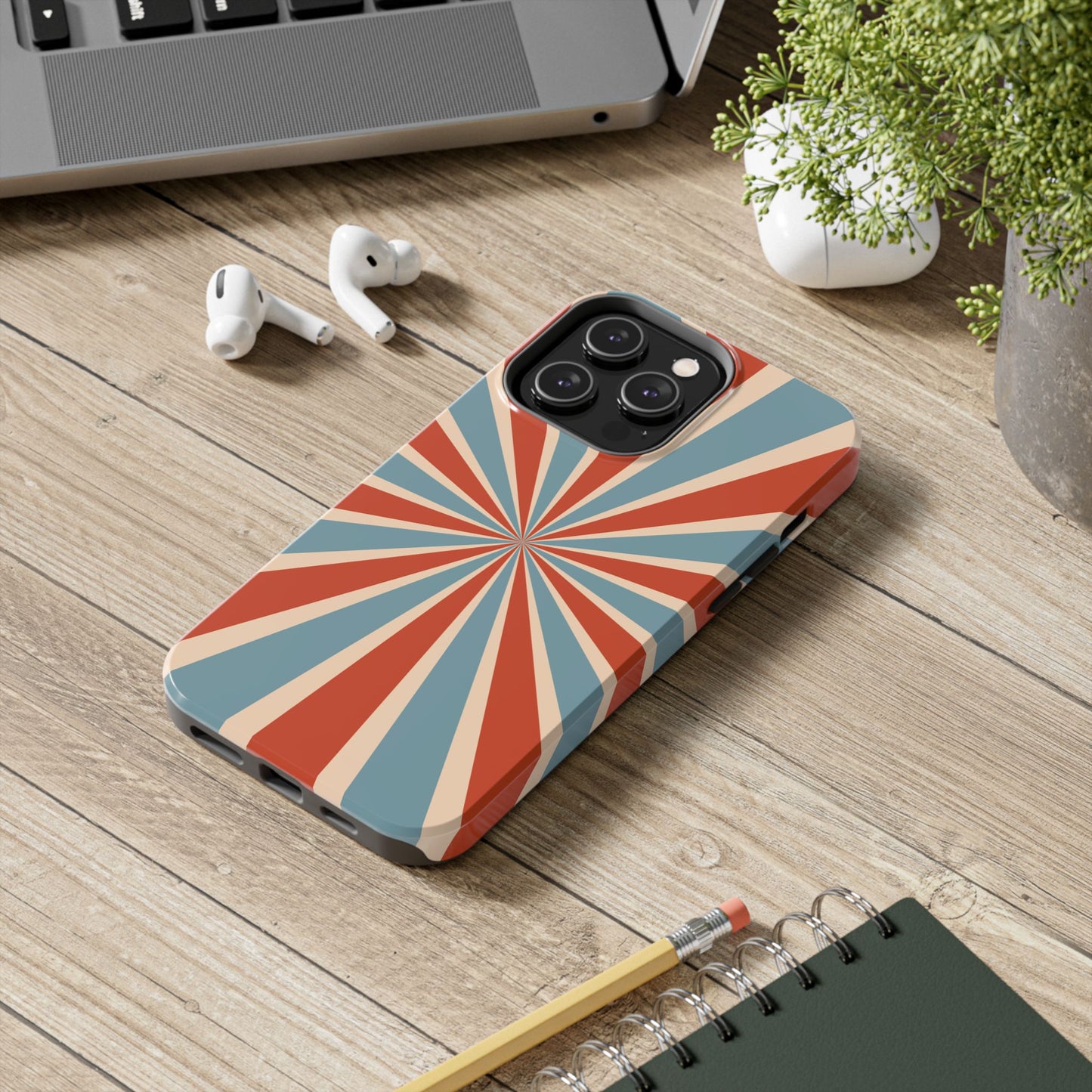 Vintage Blue & Red Sunburst iPhone Case – Bold Geometric Pattern, Shock-Resistant Cover