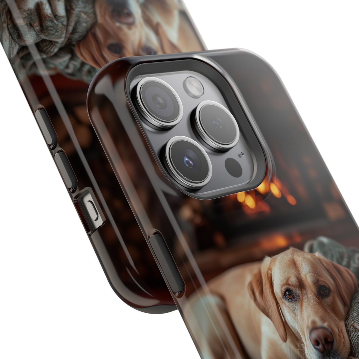 Cozy Labrador by Fireplace MagSafe iPhone Case – Rustic Cabin Protective Cover