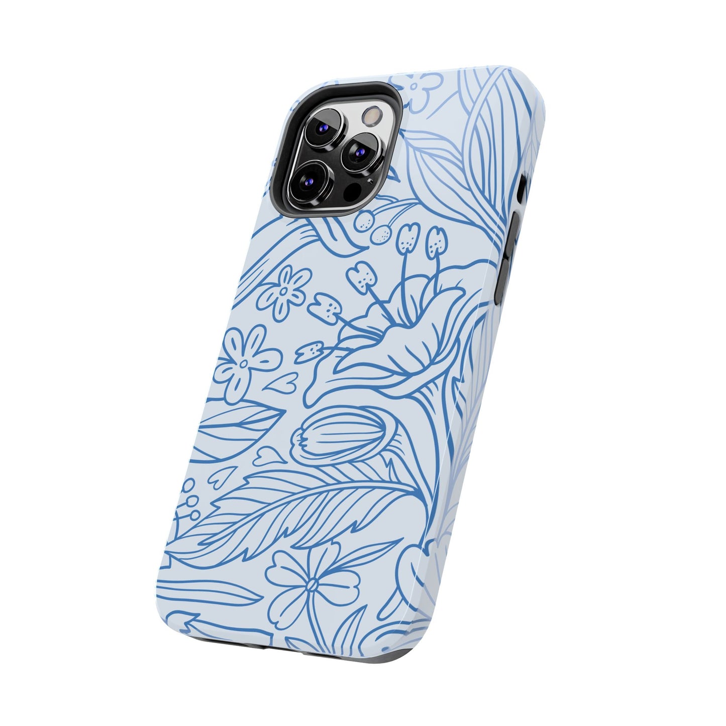 Dusty Blue Floral Line Art Tough iPhone Case – Minimalist Botanical Design with Dual-Layer Protection