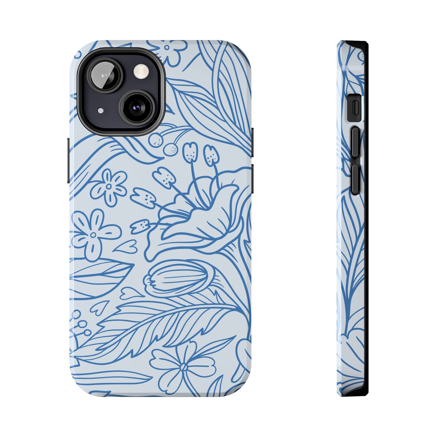 Dusty Blue Floral Line Art Tough iPhone Case – Minimalist Botanical Design with Dual-Layer Protection