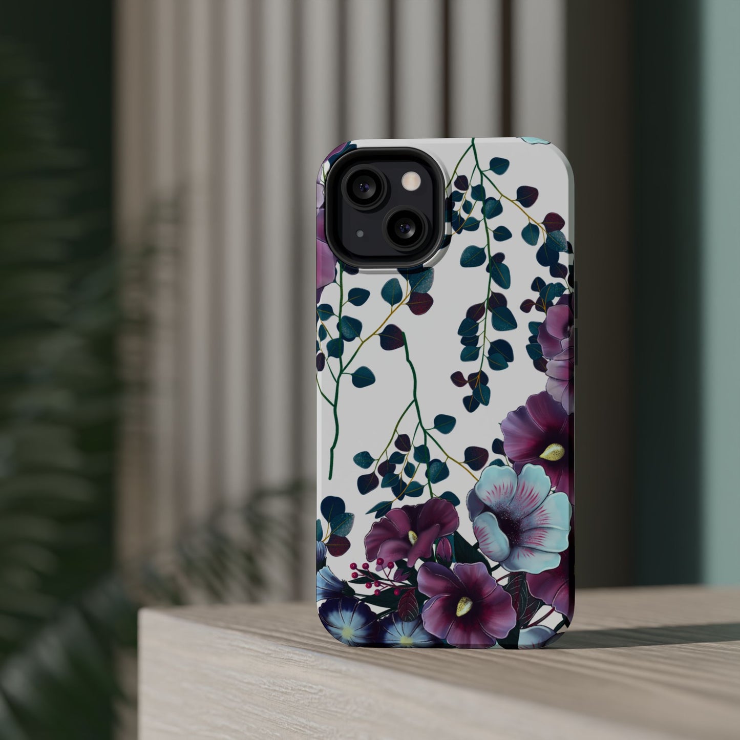 Moody Purple & Teal Floral MagSafe iPhone Series Case – Elegant Botanical Design