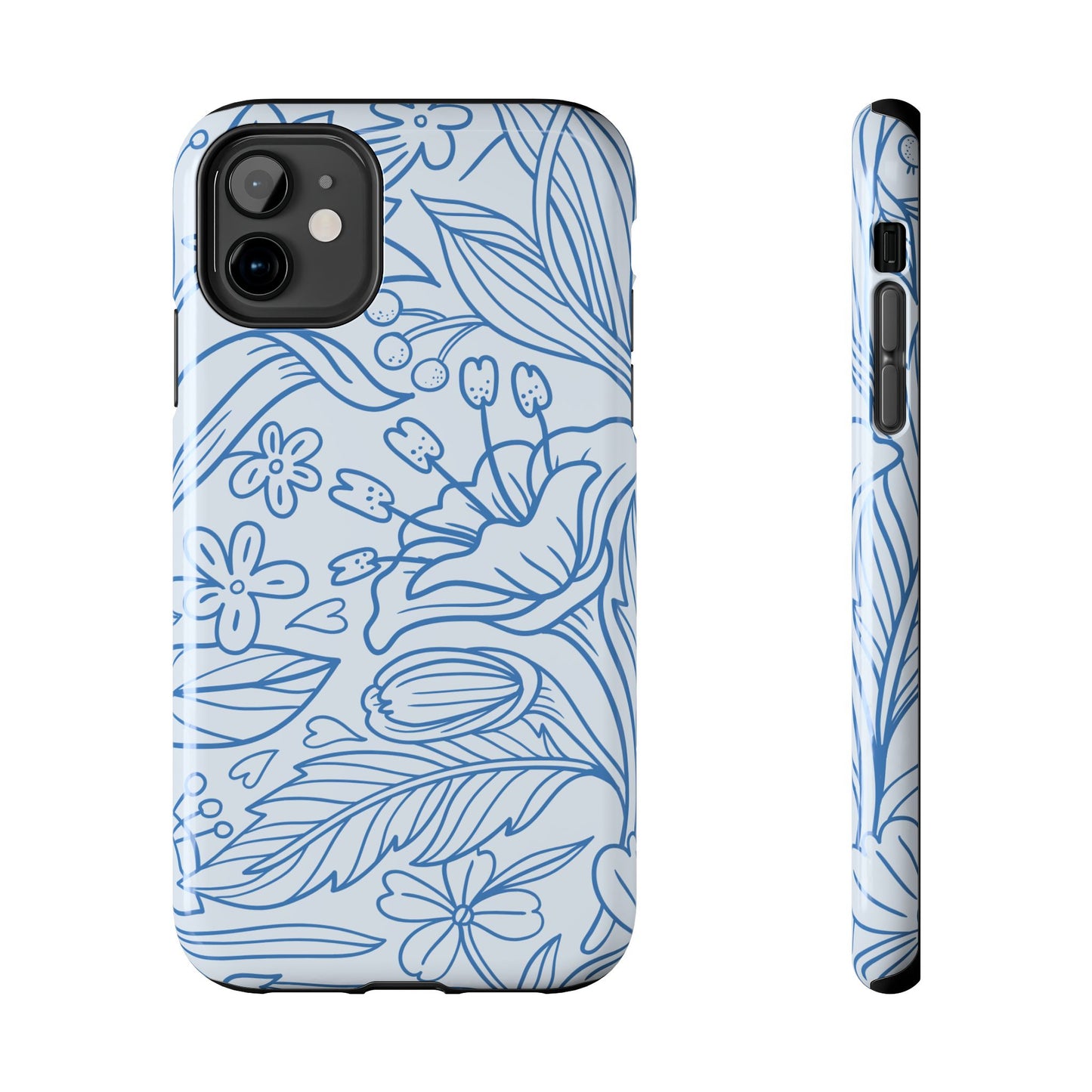 Dusty Blue Floral Line Art Tough iPhone Case – Minimalist Botanical Design with Dual-Layer Protection