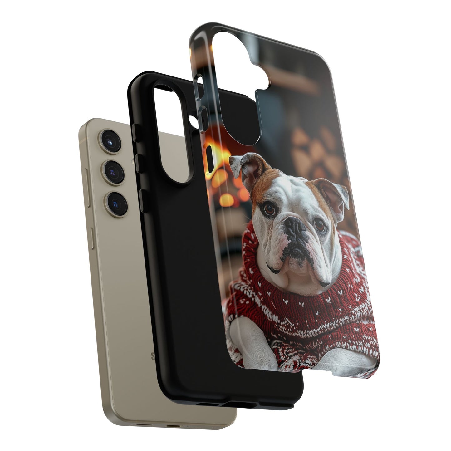 Cozy Bulldog in Sweater Samsung Galaxy Case – Festive Fireplace Protective Cove