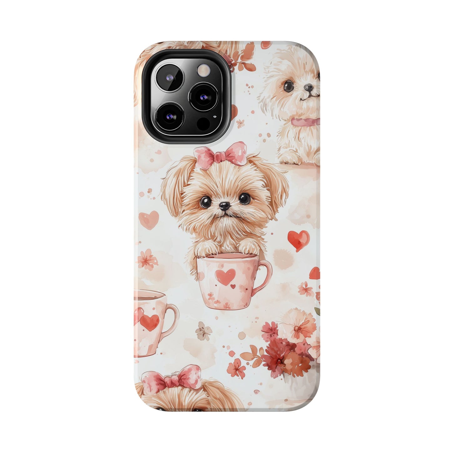 Puppies & Heart Mugs iPhone Case – Sweet Dog & Floral Design, Shockproof & Slim - BOGO Cases