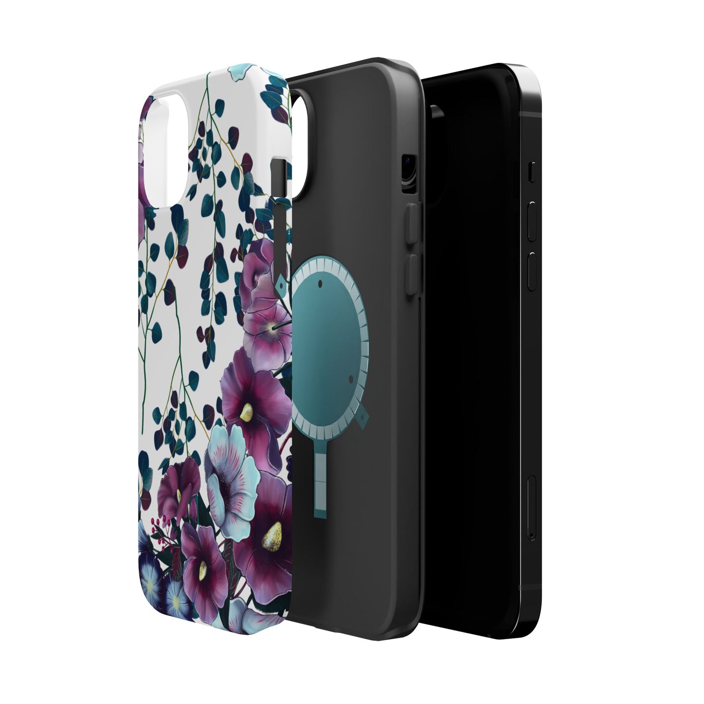 Moody Purple & Teal Floral MagSafe iPhone Series Case – Elegant Botanical Design